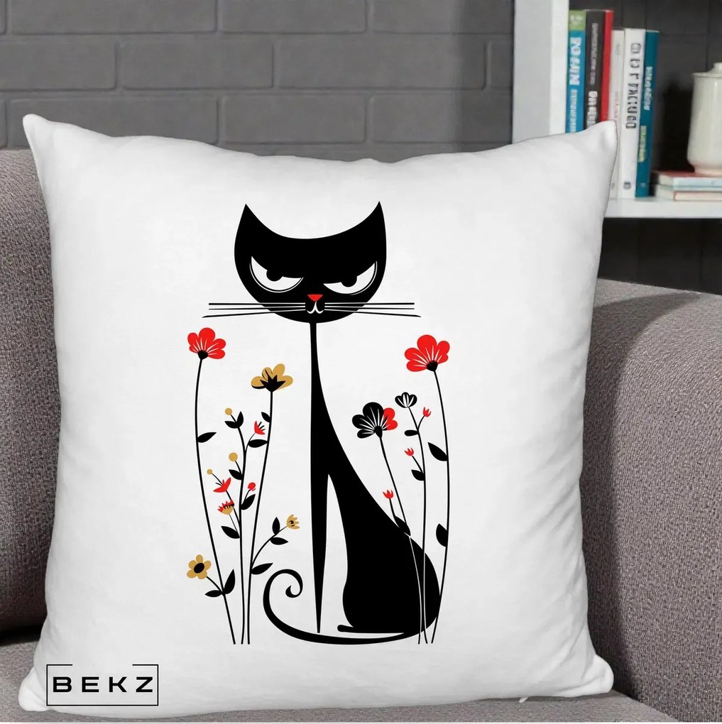 Perna Decorativa Pisica Neagra Grafica Flori Rosii, 40x40 cm, Alb Pufos, Husa Detasabila, Perna Inclusa, BEKZ®