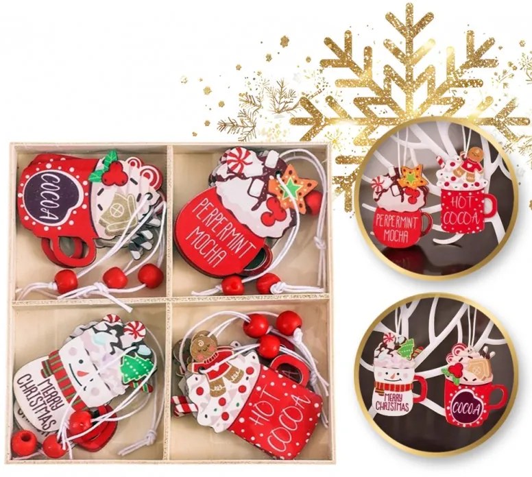 Set decoratiuni de Craciun din lemn HOT DRINKS, 12 buc