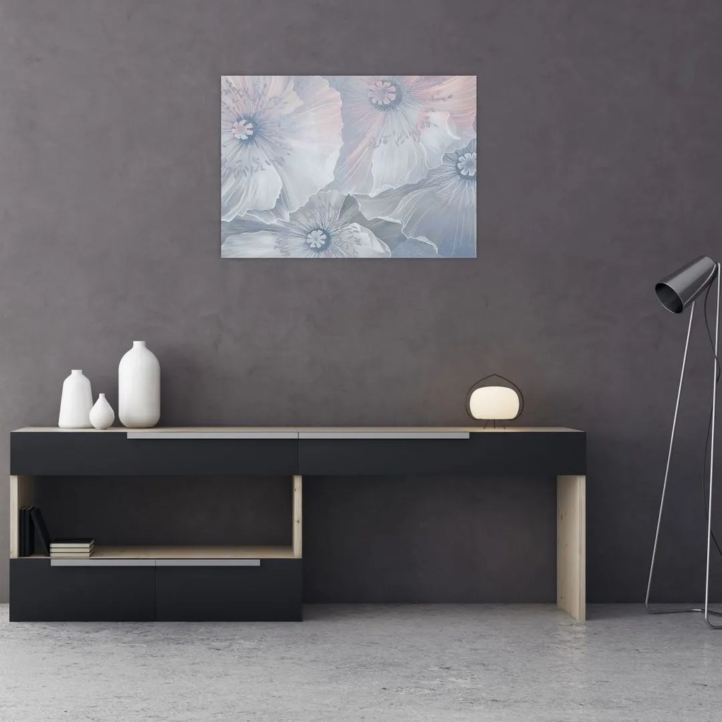 Tablou pe sticlă - Flori albastre pe perete (70x50 cm)
