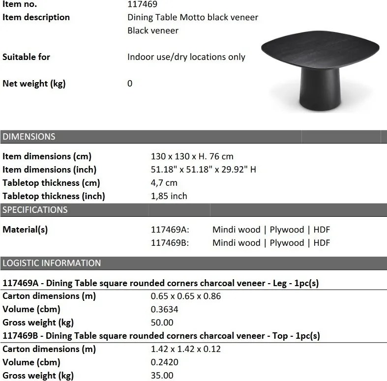 Masa design LUX Motto furnir negru, 130x130cm