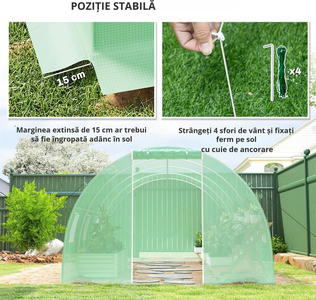 Outsunny Seră de Grădină Tunnel 18 m² dim. 6L x 3l x 2H m - 8 ferestre, Ușă cu Fermoar Rulabil - Structură Tubulară Oțel Galvanizat, Folie PE de Înaltă Densitate Verde | Aosom Romania