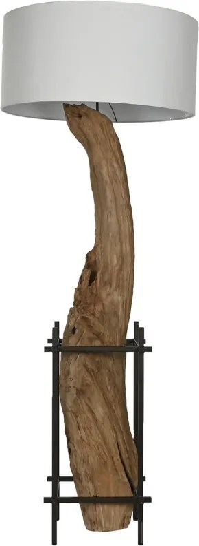 Lampadar din lemn de tec lucrat manual, natur, cu picior sculptat și raft din metal negru, finisaj natural, 200 x 75 x 75 cm, „Valencay”