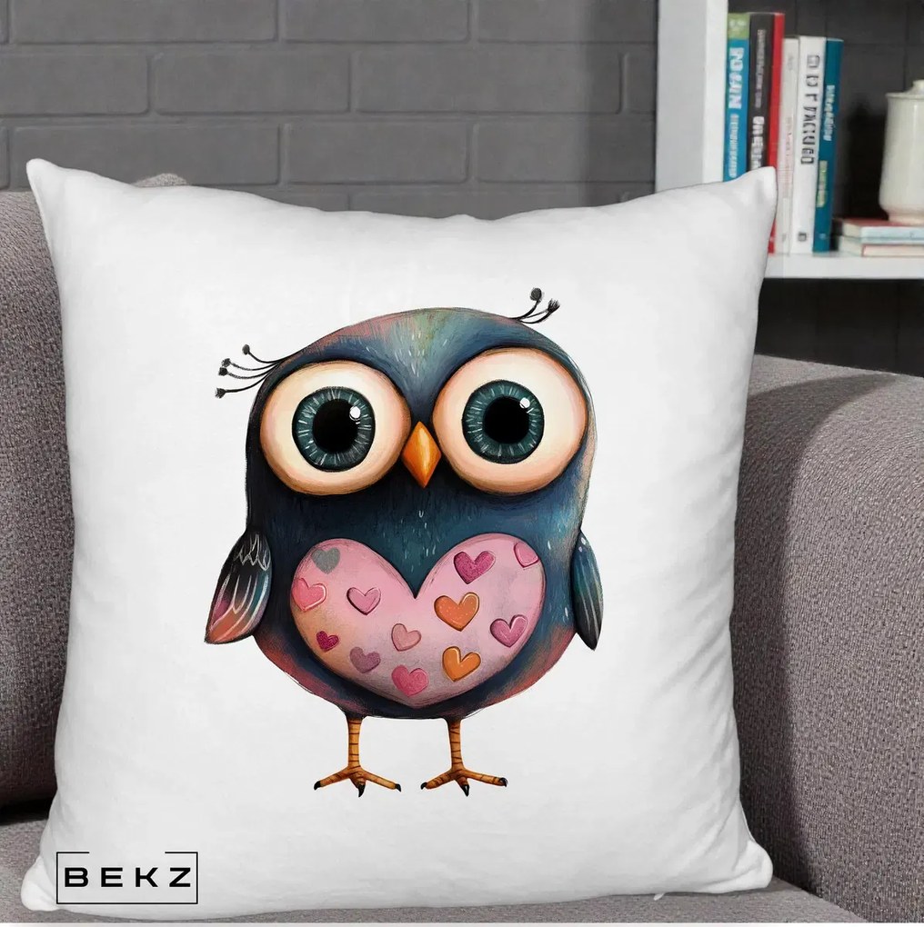 Perna Decorativa Bufnita cu Inimioare Roz, 40x40 cm, Alb Pufos, Husa Detasabila, Perna Inclusa, BEKZ®