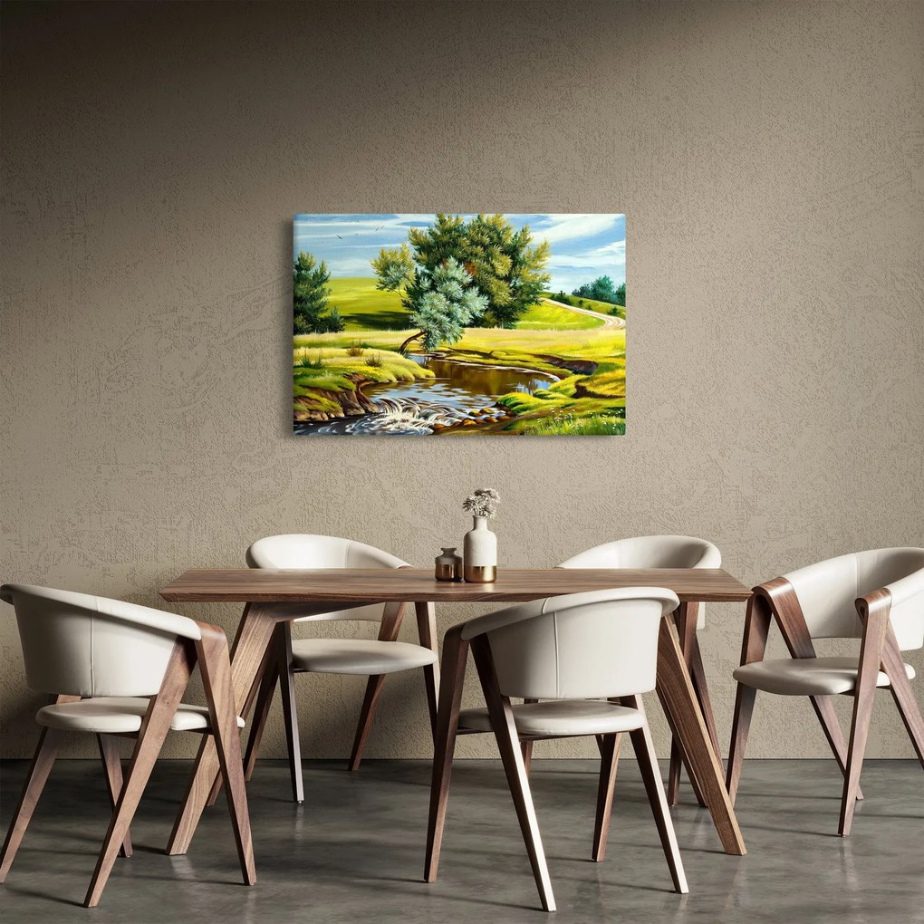 Tablou - Râu între câmpii, pictură în ulei (90x60 cm)