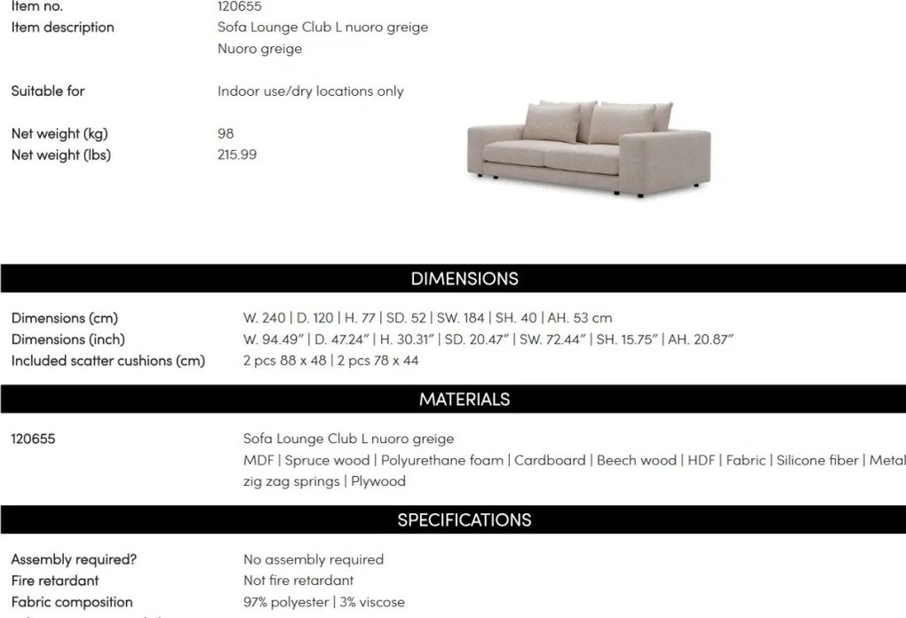 Canapea design LUX Lounge Club L, Nuoro greige