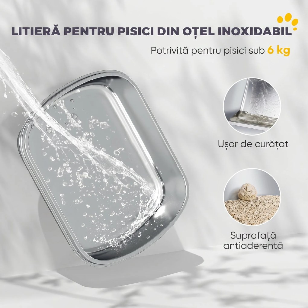 PawHut Litieră Închisă pentru Pisici din Oțel Inoxidabil, cu Capac Rabatabil, Acces Dublu și Paletă, Gri Deschis | Aosom Romania