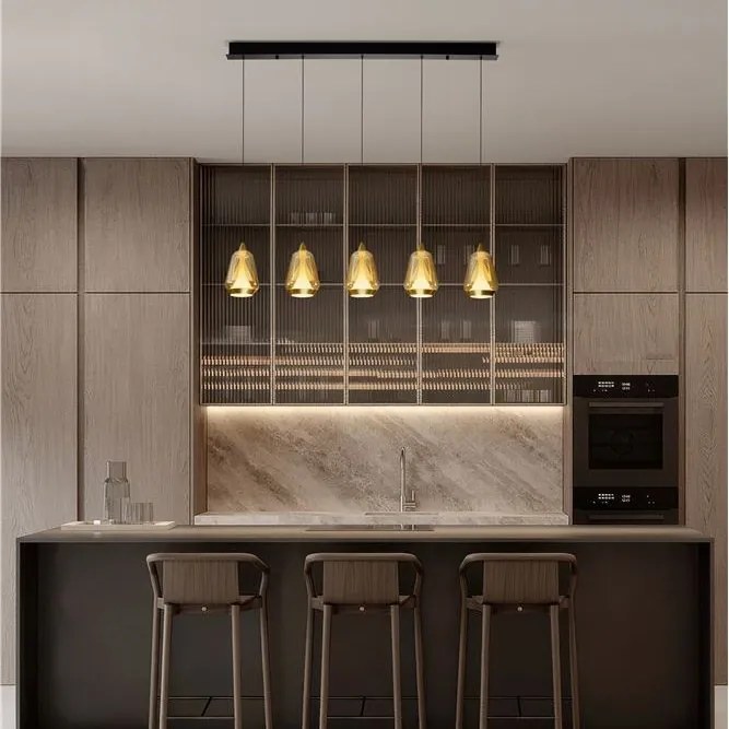 Lustra moderna cu 4 pendule LED, Metal, Sticla, Champaigne, ALISH