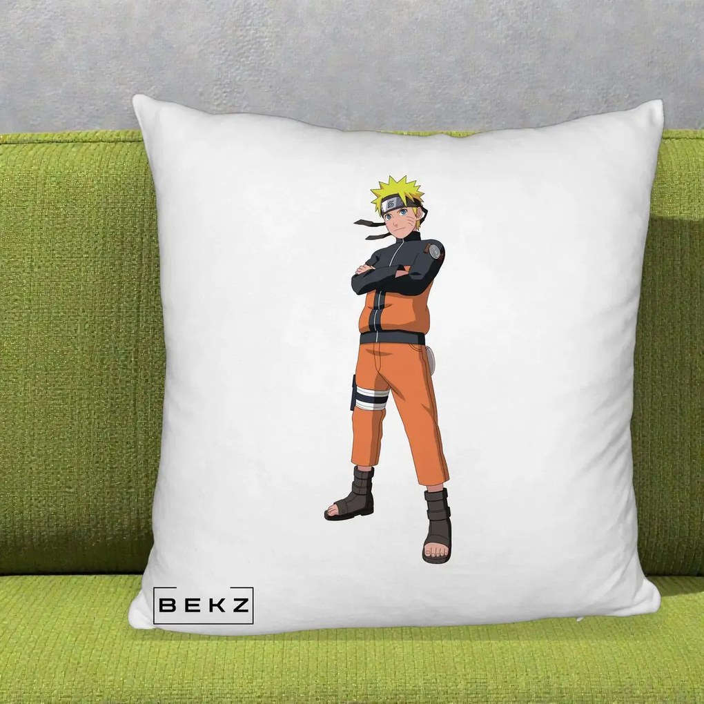 Perna Personalizata Naruto Uzumaki Portret Complet, 40x40 cm, Alb Pufos, Husa Detasabila, Perna Inclusa, BEKZ®
