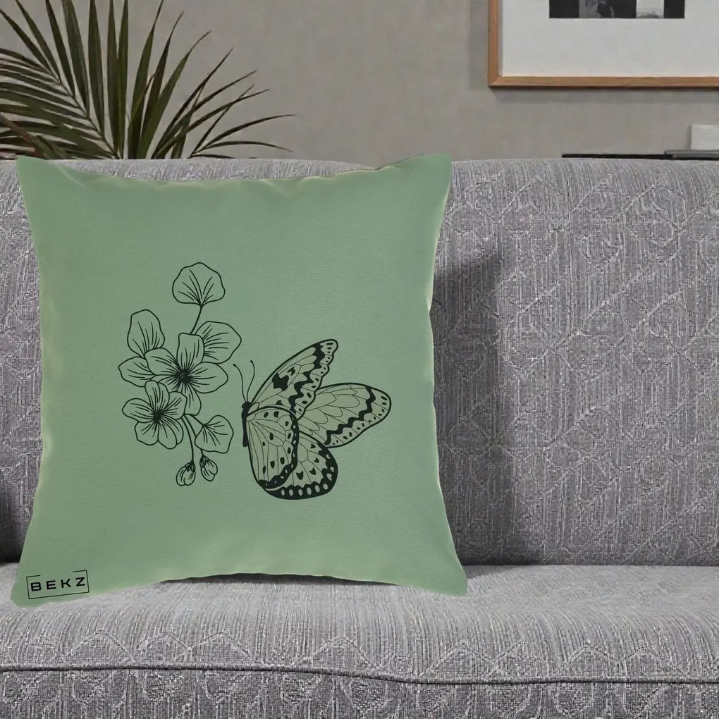 Perna Decorativa Fluture si Flori Linie Monocroma, 40x40 cm, Verde, Husa Detasabila, Perna Inclusa, BEKZ®