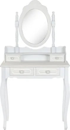 Masă de toaletă romantică din MDF alb, oglindă ovală detașabilă, 4 sertare, 75 x 42 x 140 cm, „Alima"
