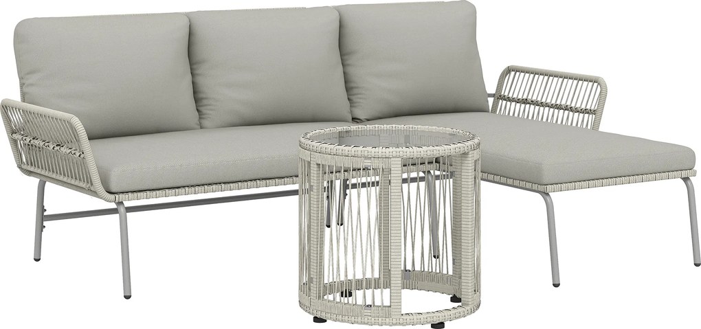 Outsunny Set mobilier de grădină din poliratan 3 piese, set lounge cu chaiselongue canapea pentru două persoane masă cu sticlă perne detașabile | Aosom Romania