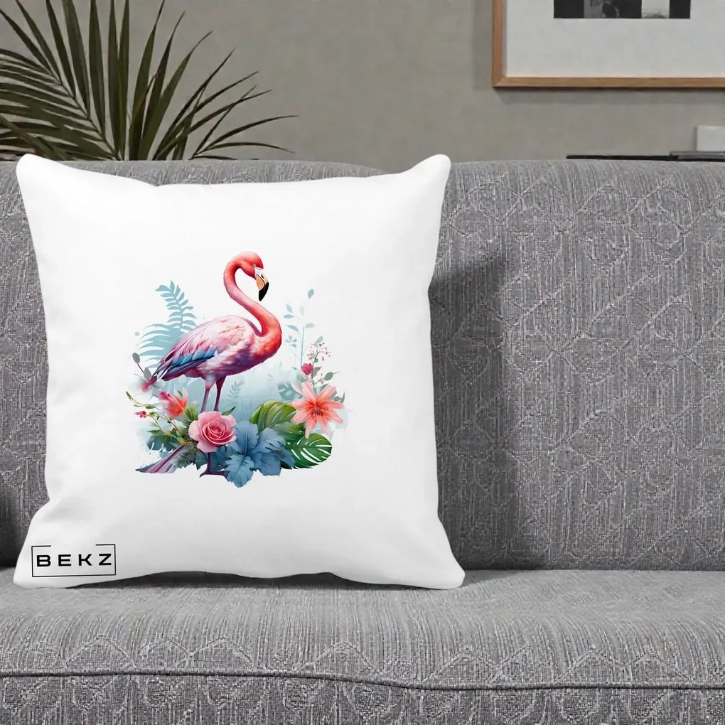 Perna Decorativa Flamingo cu Flori Tropicale Acuarela, 40x40 cm, Alba Mata, Husa Detasabila, Perna Inclusa, BEKZ®