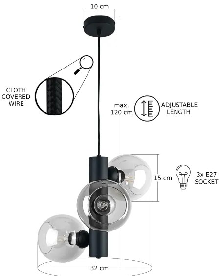 Lustră pe cablu TUBE 3xE27/60W/230V negru/transparent