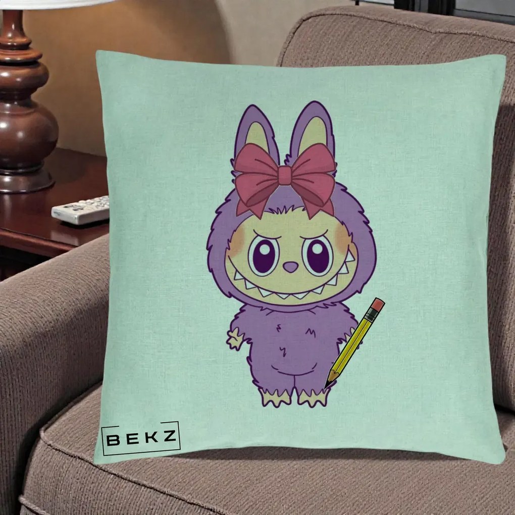Perna Personalizata Labubu Mov cu Funda Rosie si Creion, 40x40 cm, Verde Menta, Husa Detasabila, Perna Inclusa, BEKZ®