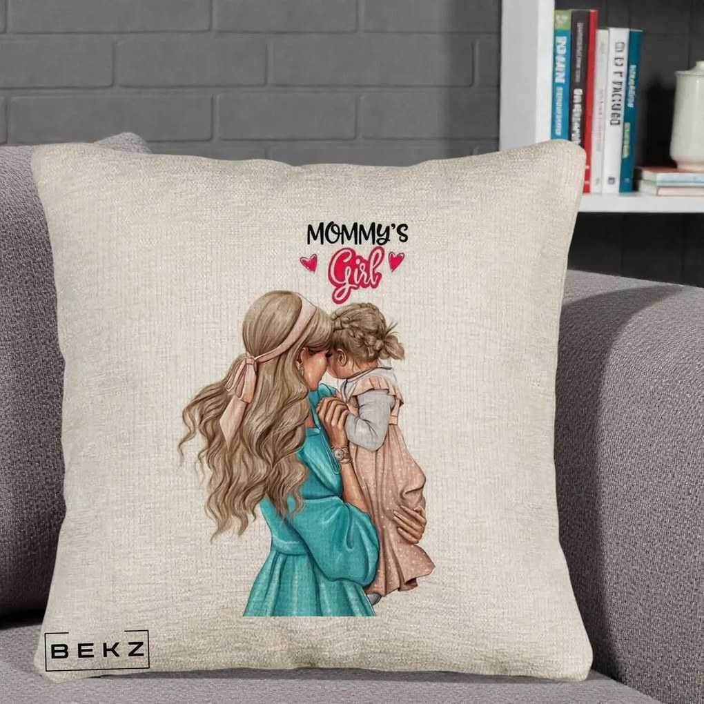 Cadou pentru Mama - Perna Personalizata Mommy's Girl Mama si Fetita, 40x40 cm, Bej Canapea, Husa Detasabila, Perna Inclusa, BEKZ®