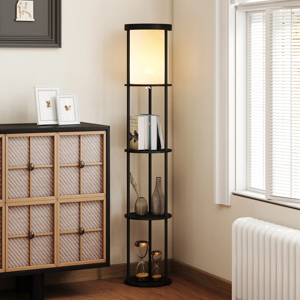 HOMCOM Lampă de podea cu 3 rafturi, design rotund, telecomandă, comutator de picior, temperatură de lumină reglabilă, pentru living, Negru | Aosom Romania