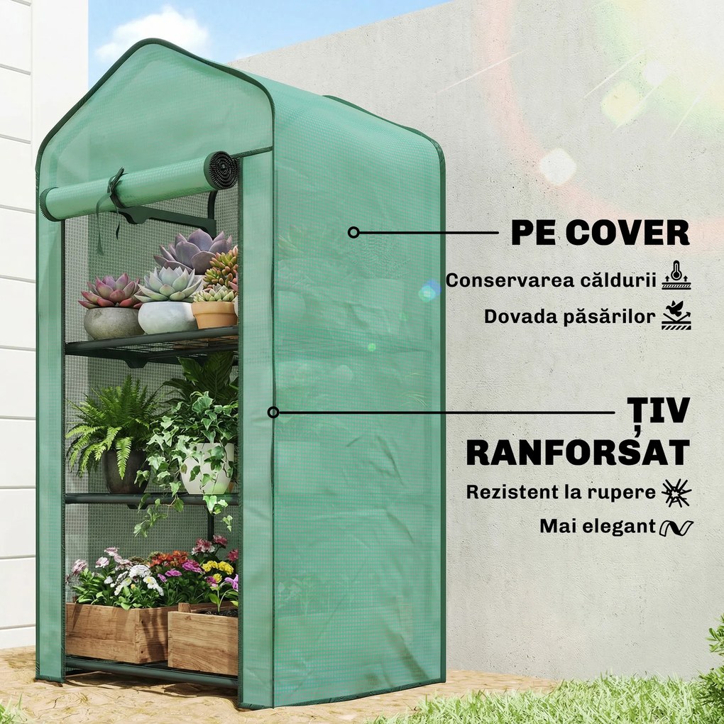 Outsunny Mini seră de grădină cu husă din PE, 3 rafturi și ușă rulabilă, 59x39x127 cm, verde | Aosom Romania