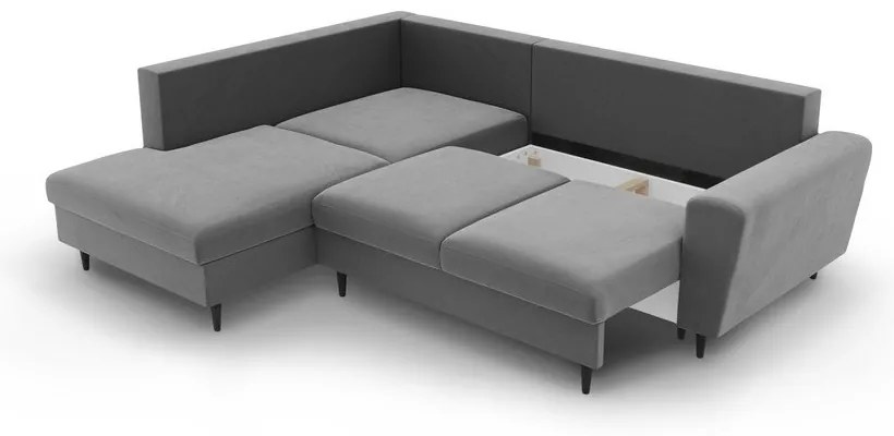 Colțar gri deschis extensibil, cu spațiu de depozitare cu tapițerie din catifea (cu colț pe partea stângă-în formă de ”L”) Kyoto – Cosmopolitan Design