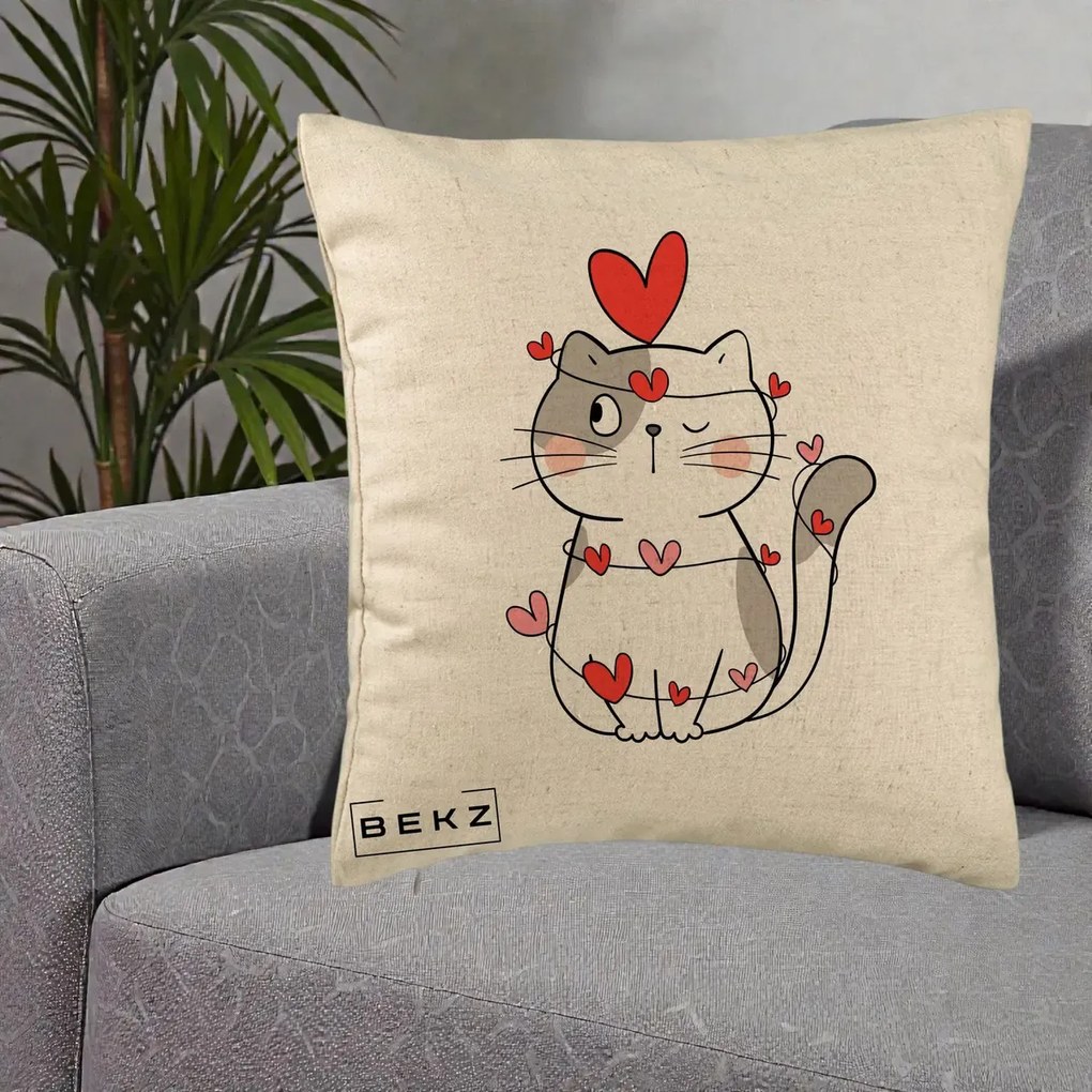 Perna Decorativa Pisica Kawaii cu Inimi, 40x40 cm, Bej, Husa Detasabila, Perna Inclusa, BEKZ®