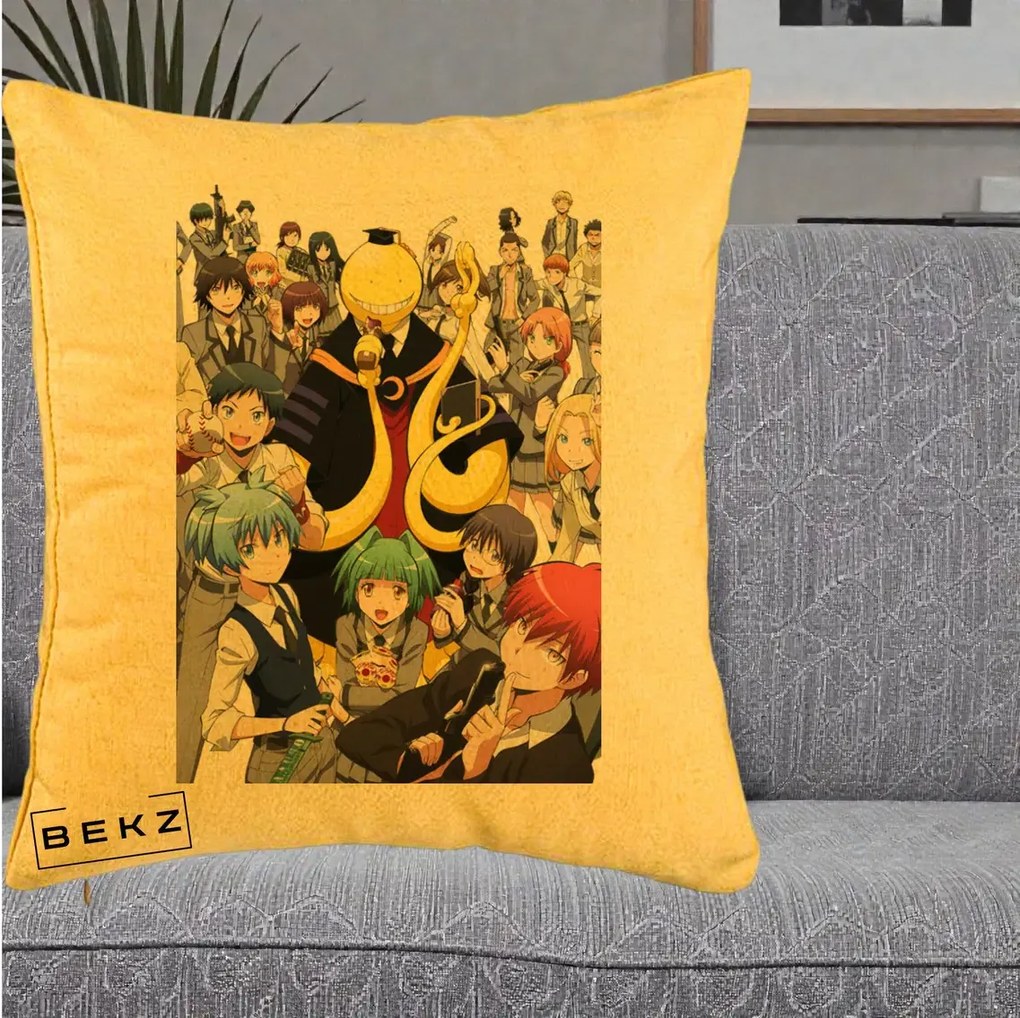 Perna Personalizata Assassination Classroom Grup Complet Anime, 40x40 cm, Galben, Husa Detasabila, Perna Inclusa, BEKZ®
