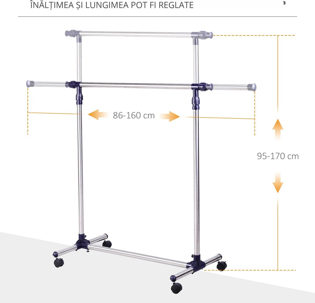 Cuier din inox cu roti HOMCOM, 160 x 170 cm, argintiu | Aosom Romania