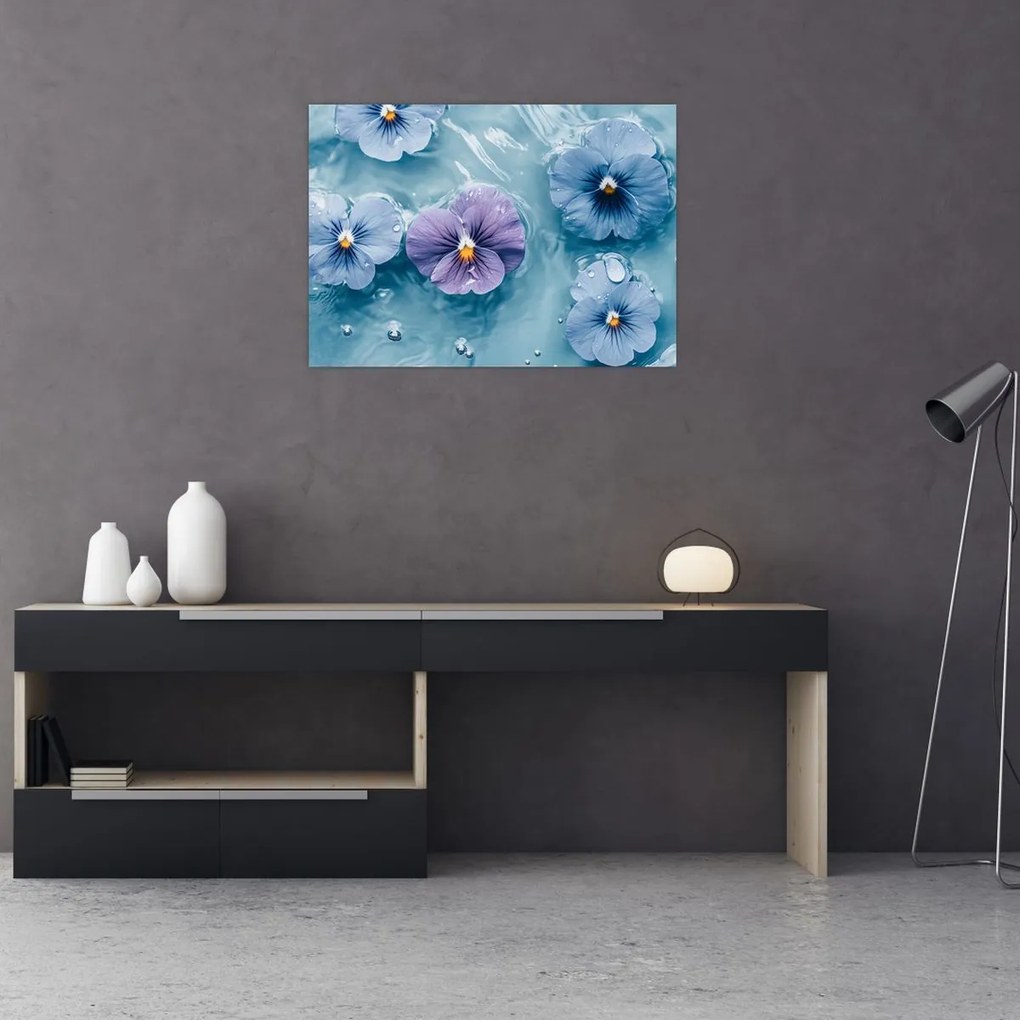 Tablou pe sticlă - Violete în apă (70x50 cm)