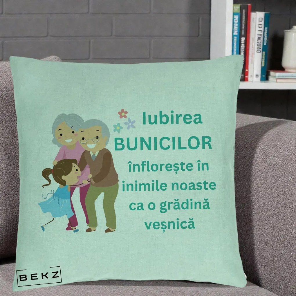 Cadou pentru Bunici - Perna Personalizata Bunicii Iubirea Infloreste cu Nepoata Teal, 40x40 cm, Verde Menta, Husa Detasabila, Perna Inclusa, BEKZ®