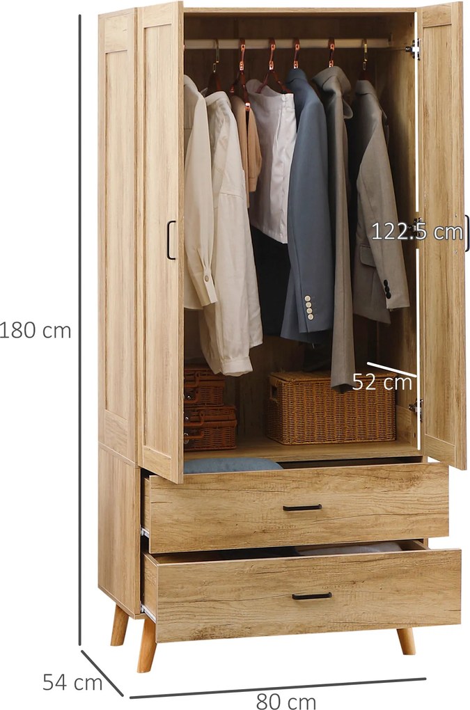 HOMCOM Dulap Dormitor 2 Uși cu 2 Sertare și Bară pentru Umerașe 80x54x180 cm Lemn | Aosom Romania