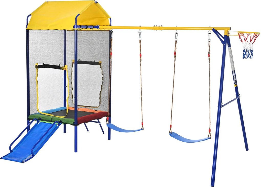Dispozitiv multifuncțional 4-în-1 pentru exterior pentru copii, trambulină cu plasă de siguranță, pentru 3–8 ani, 336x217x238 cm, Multicolor