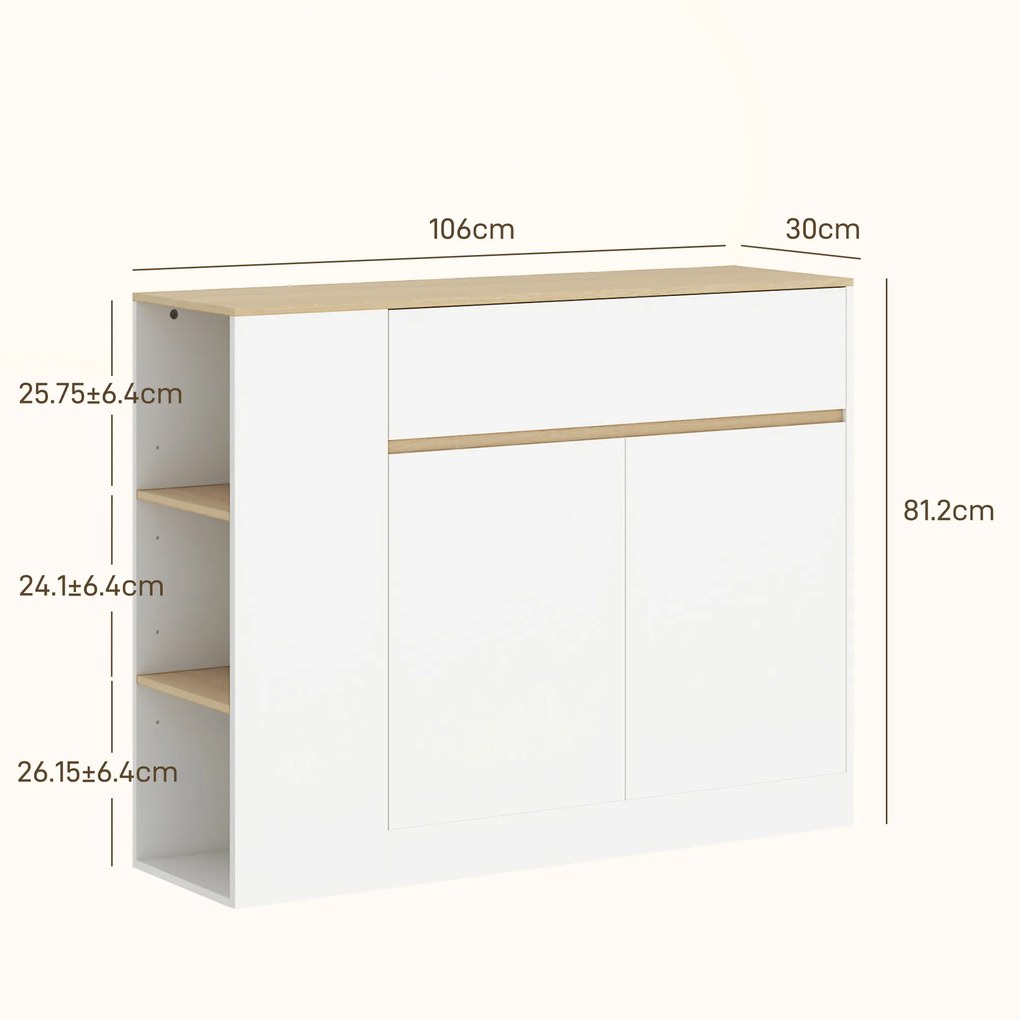 HOMCOM Bufet de Bucătărie cu 2 Uși, Raft Reglabil, 2 Sertare și 3 Compartimente Deschise, 106x30x81,2 cm, Alb | Aosom Romania
