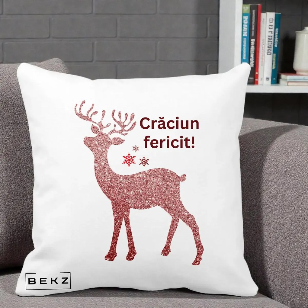 Perna Decorativa Ren Sclipitor Glitter Craciun Fericit, 40x40 cm, Alba Mata, Husa Detasabila, Perna Inclusa, BEKZ®
