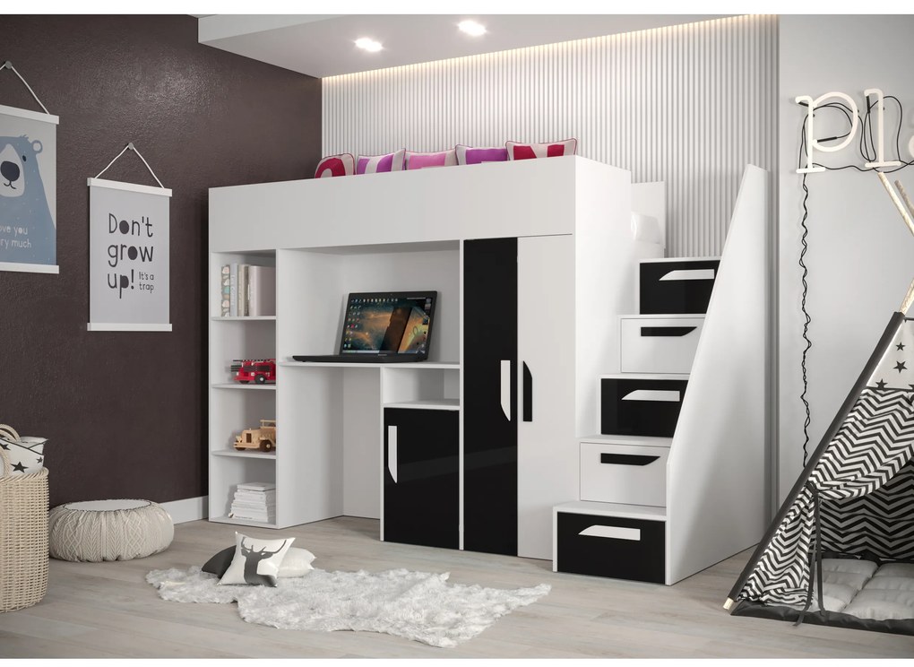 Pat pentru copii combinat 90 cm Puro 14 (alb mat + alb lucios + negru lucios). 1087087