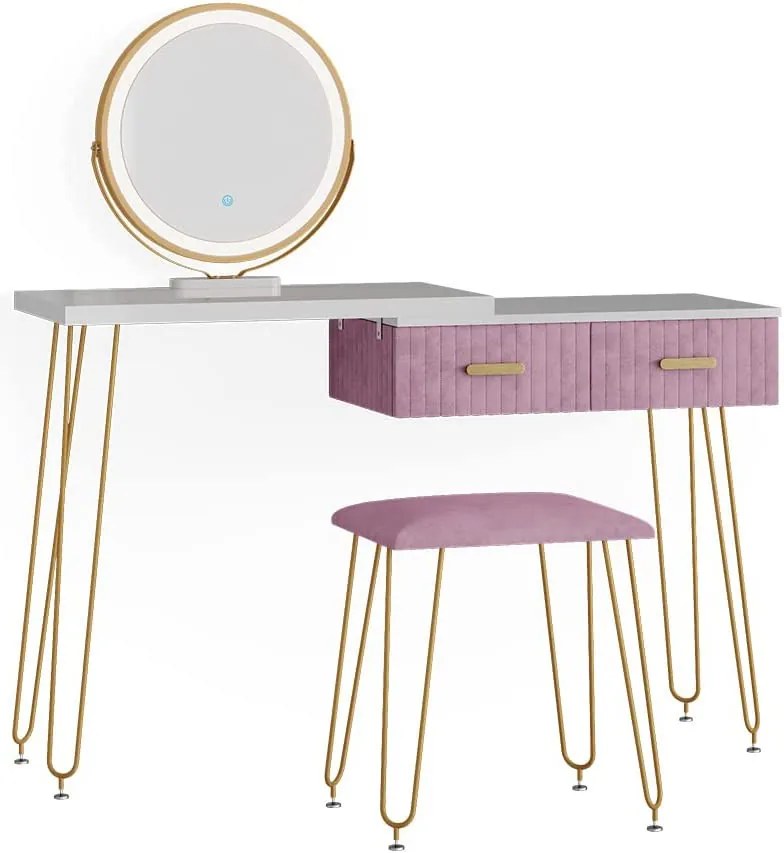 SEA394 - Set Masa toaleta, 120 cm, cosmetica machiaj, oglinda cu LED, masuta vanity, scaun tapitat - Alb-Auriu-Roz