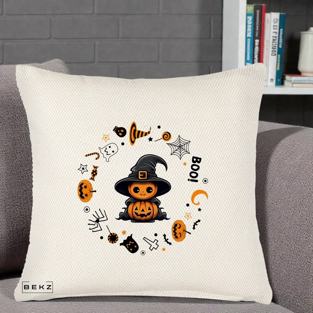 Perna Decorativa Halloween Dovleac Vrajitor Boo cu Simboluri, 40x40 cm, Crem Reliefat, Husa Detasabila, Perna Inclusa, BEKZ®