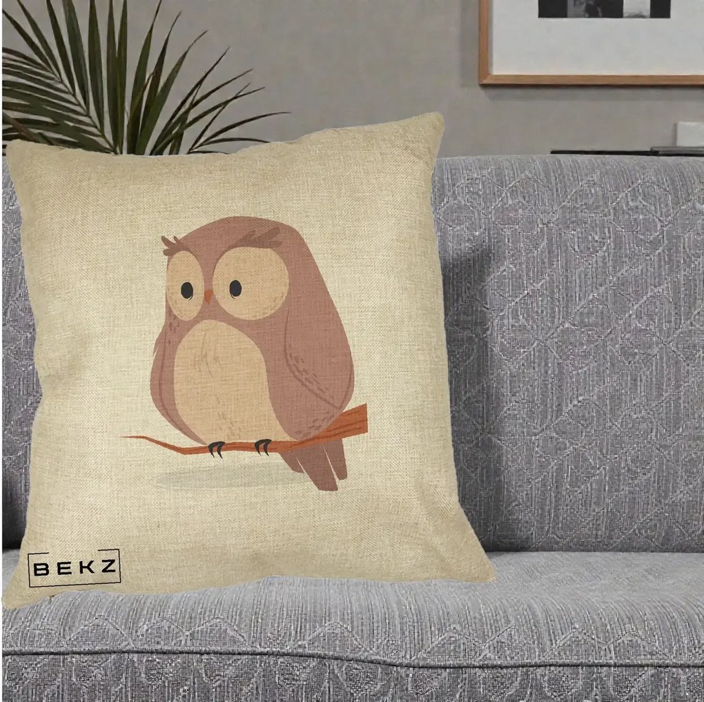 Perna Decorativa Bufnita Kawaii pe Creanga, 40x40 cm, Crem, Husa Detasabila, Perna Inclusa, BEKZ®