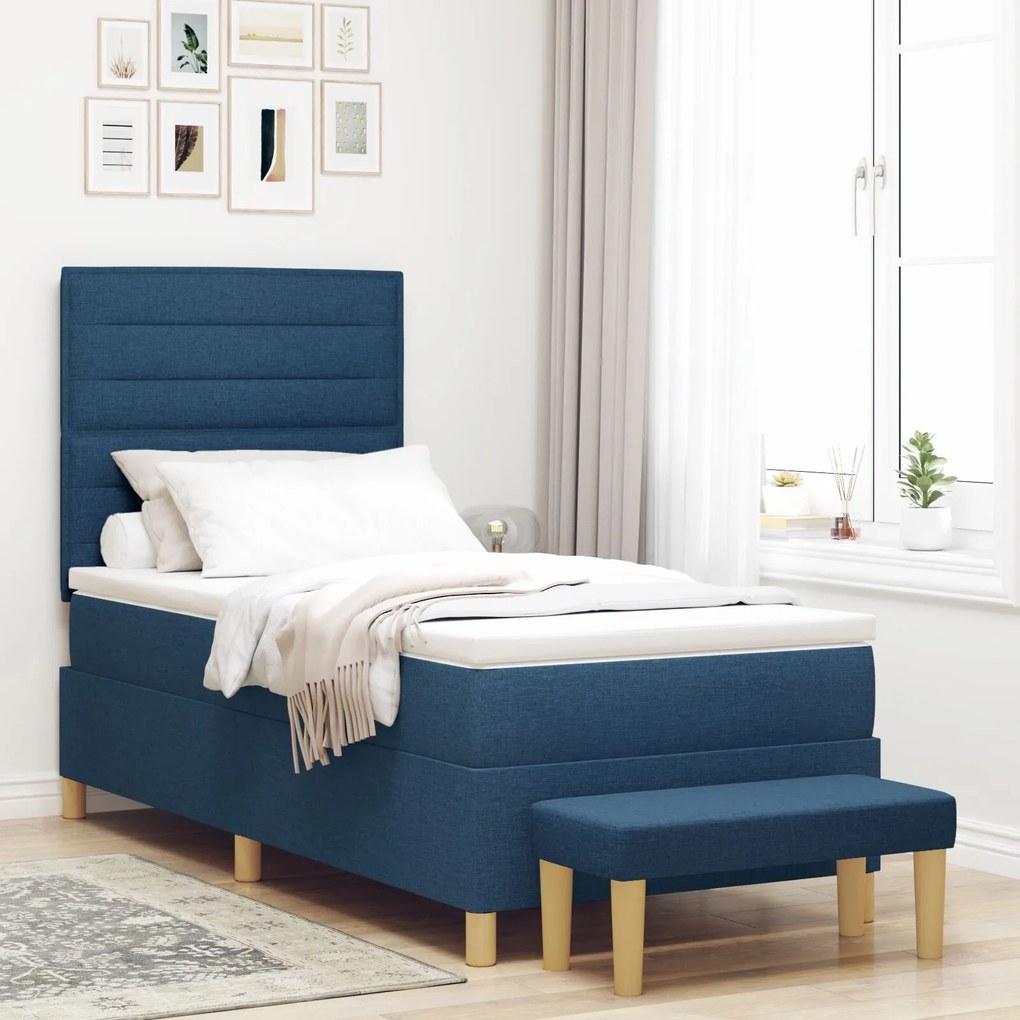 vidaXL Pat cu arcuri cu saltea și băncuță albastru 90x200 cm țesătură