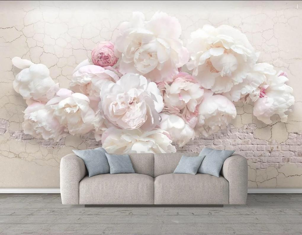 Fototapet 3D, Flori albe pe fundal de pereti din caramida bej Art.05270