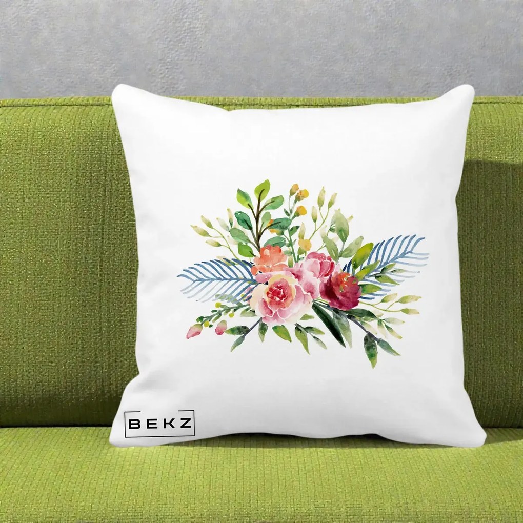 Perna Decorativa Buchet Flori Acuarela Roz-Verde, 40x40 cm, Alba Mata, Husa Detasabila, Perna Inclusa, BEKZ®