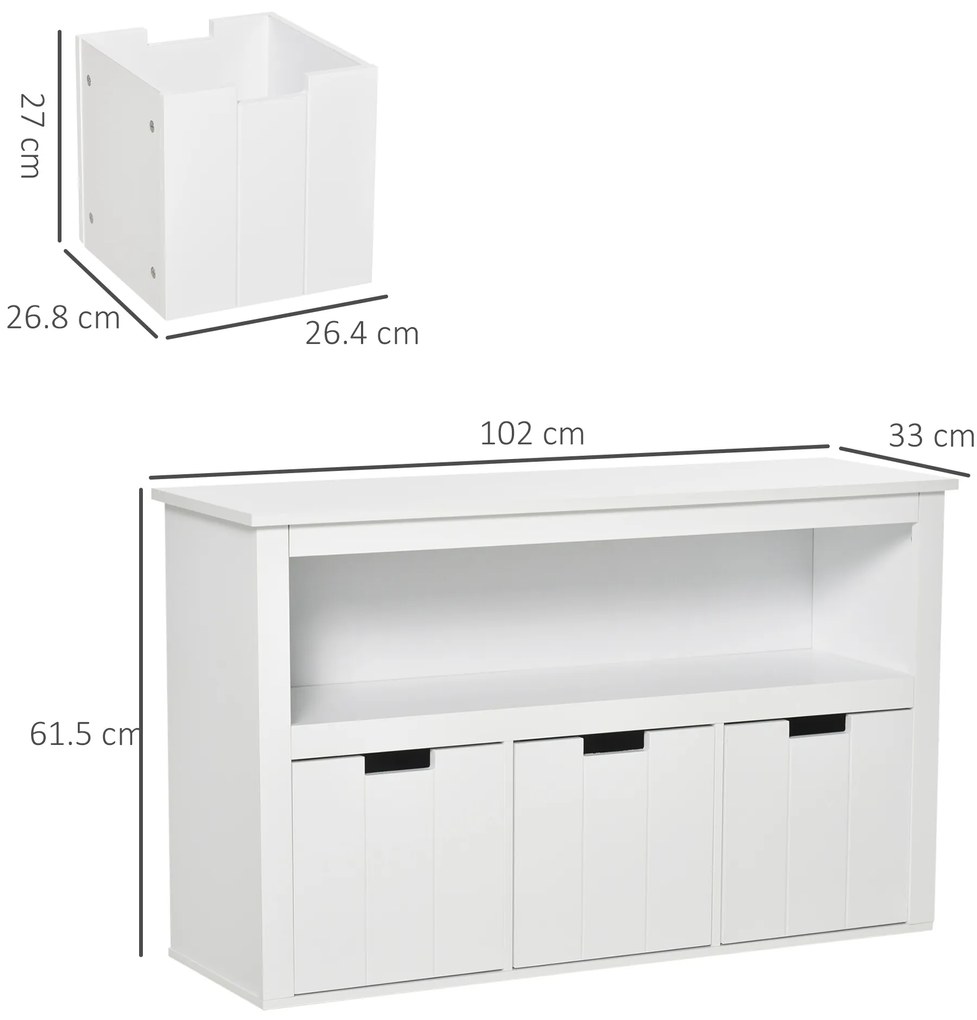 HOMCOM Bufet de Salon cu 3 Sertare Mobilizabile și Rafturi Deschise pentru Cărți Jucării Dulap Auxiliar de Depozitare pentru Dormitor Bucătărie 102x33x61,5 cm Alb | Aosom Romania