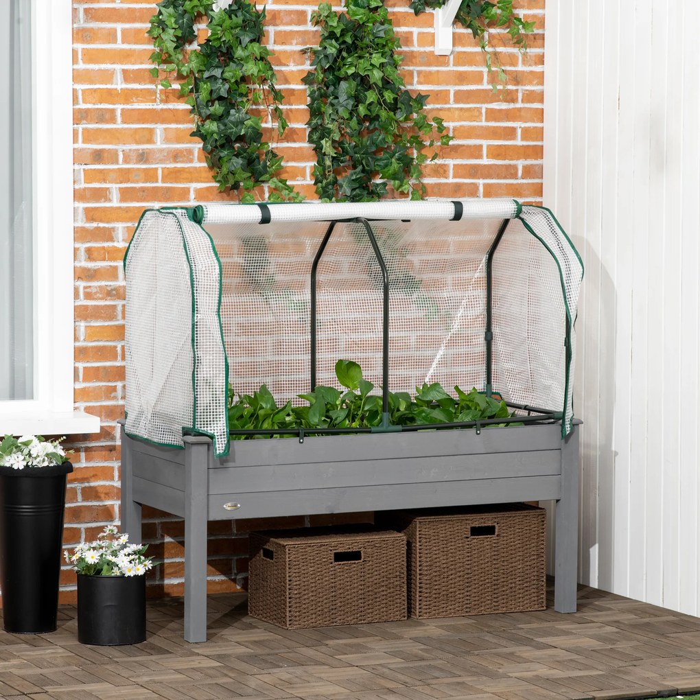 Outsunny Pat de Grădină Înălțat cu Acoperiș din PE, Jardinieră din Lemn pentru Exterior cu 4 Orificii de Drenaj, pentru Flori și Legume, pentru Grădină, Balcon, 121x55x117 cm, Gri Închis | Aosom Romania