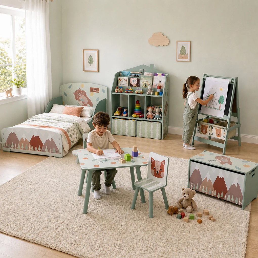 Tablă pentru copii 3 în 1 AIYAPLAY cu 2 containere, șevalet de artă din lemn pentru copii 3-8 ani, 54x46,5x93cm, de culoare verde | Aosom Romania