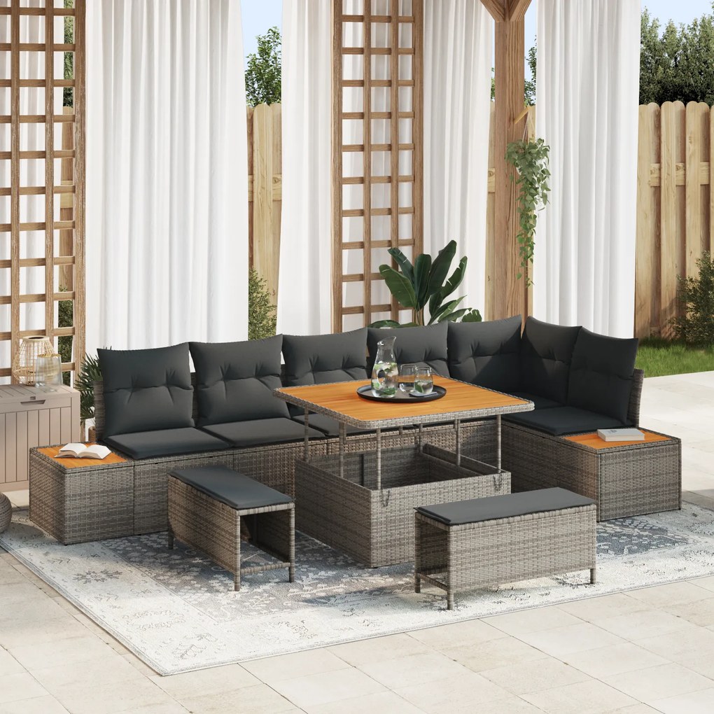 vidaXL Set de canapele pentru grădină cu pernă 9 pcs Gri Rattan poli