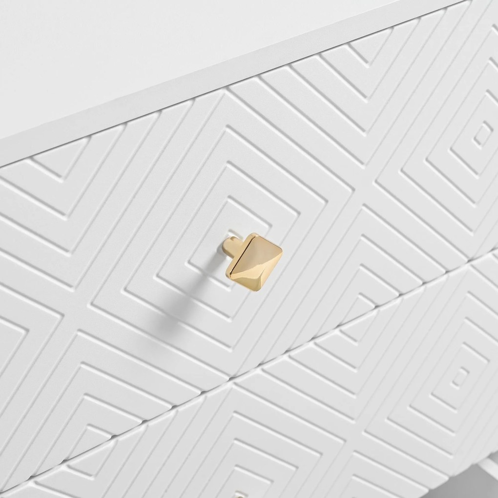 Comodă cu 6 sertare, cu model geometric și mânere în formă de diamant, pentru dormitor și living, 120x40x80 cm, Alb