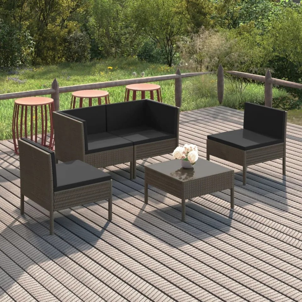 Set mobilier de grădină cu perne, 5 piese, gri, poliratan