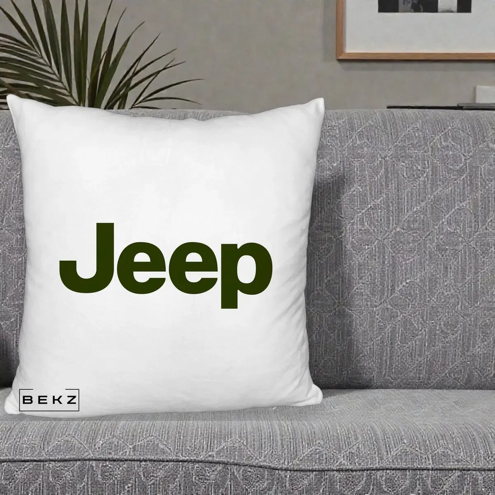 Perna Personalizata cu emblema Jeep, 40x40 cm, Alb Pufos, Husa Detasabila, Perna Inclusa, BEKZ®