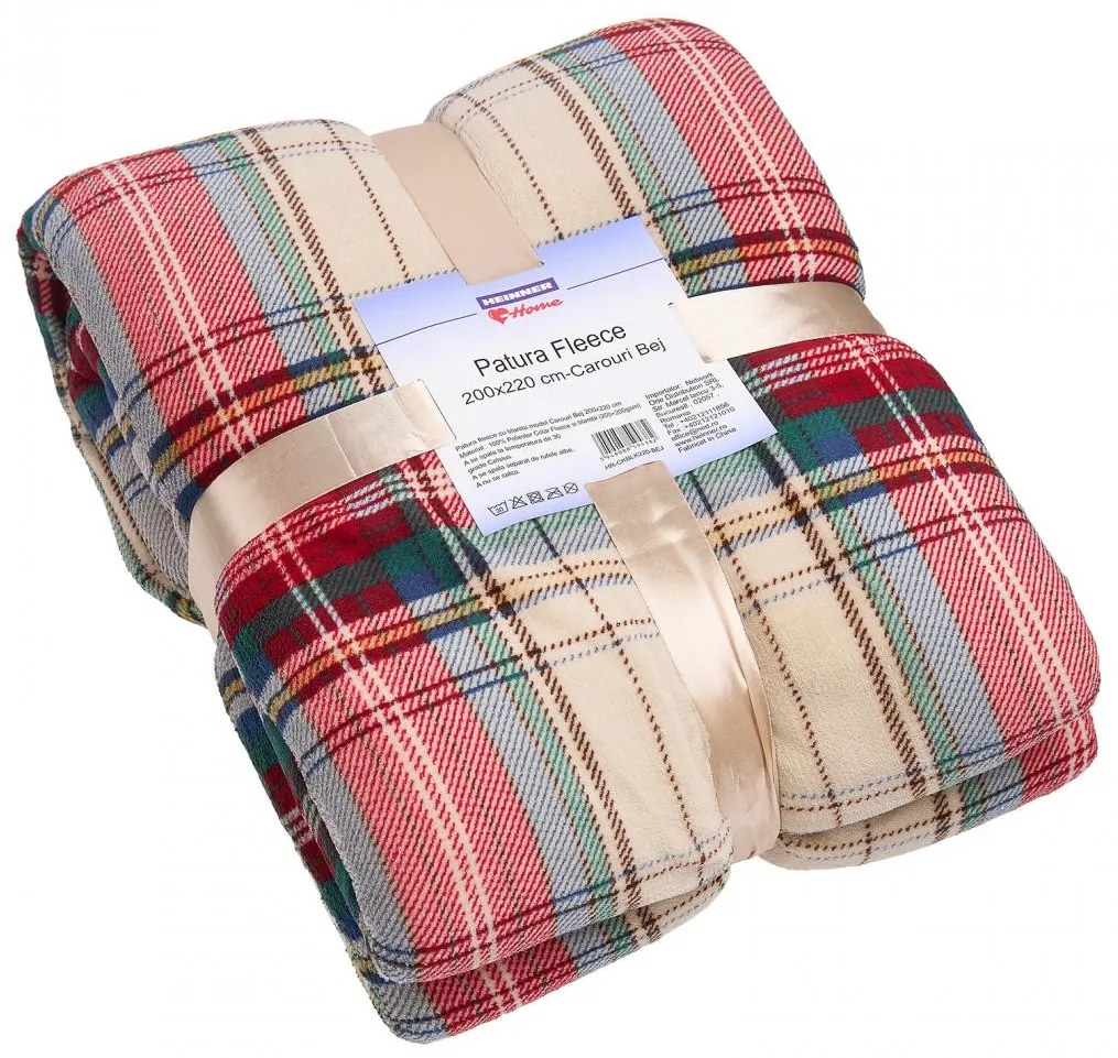 PATURA FLEECE 200X220 CM-CAROURI BEJ | Produs de Calitate Superioară