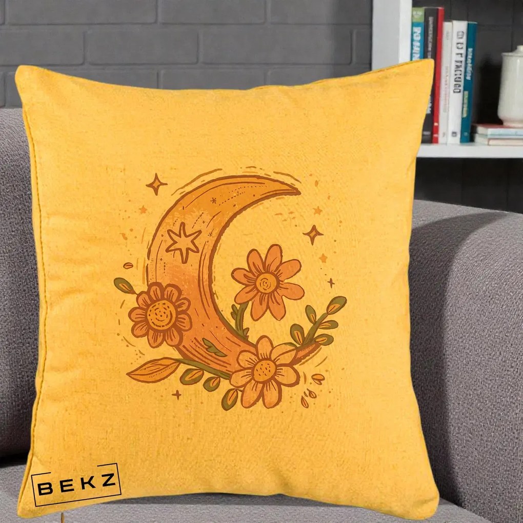Perna Decorativa Luna Florala Boho, 40x40 cm, Galben, Husa Detasabila, Perna Inclusa, BEKZ®