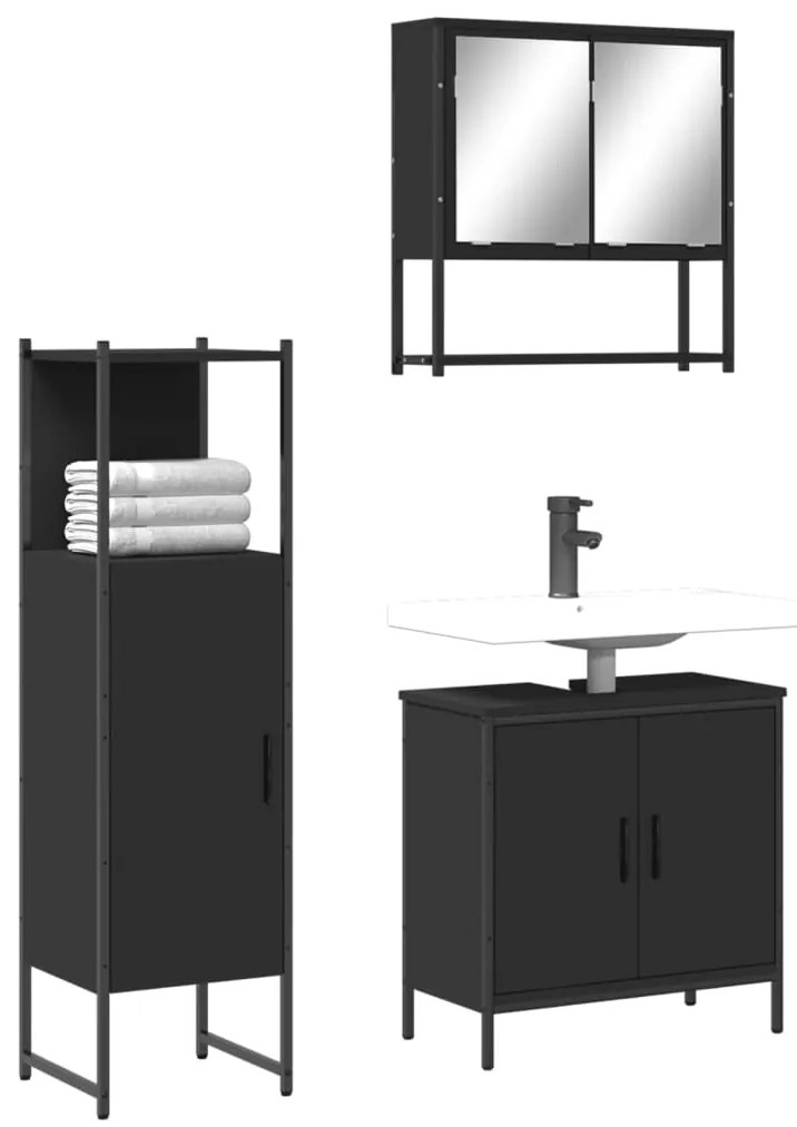 vidaXL Set mobilier de baie, 3 piese, negru, lemn compozit