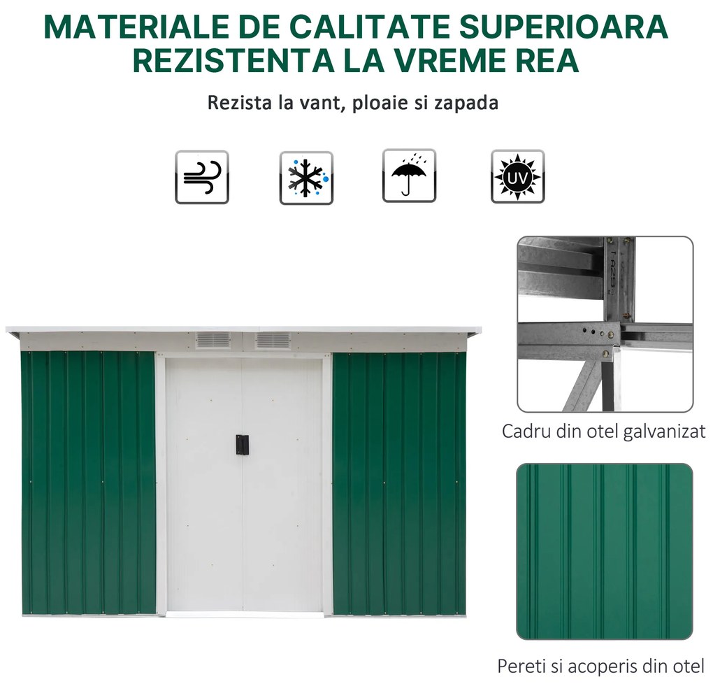 Outsunny Magazie de Grădină pentru Unelte, cu Uși Glisante și Ventilație, 277x130x173 cm, Verde | Aosom Romania