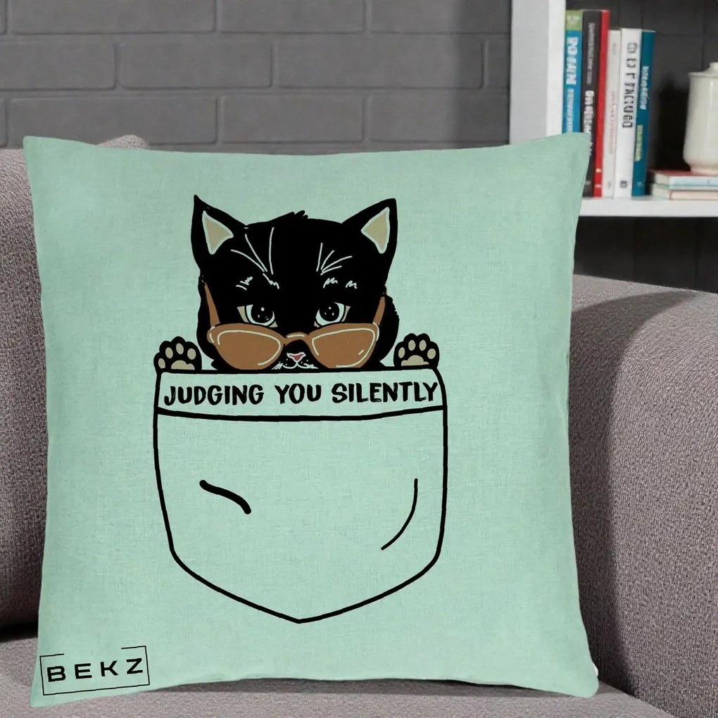 Perna Decorativa Judging You Silently Pisica Buzunar, 40x40 cm, Verde Menta, Husa Detasabila, Perna Inclusa, BEKZ®